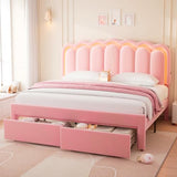 Twin Upholstered LED Bed Frame with Storage Drawer and Adjustable Chic Double Wavy Headboard, Velvet Princess Platform Bed for Kids/Girls, Solid Wood Slats Support, No Box Spring Needed, Beige