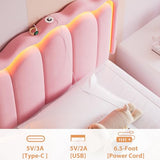 Twin Upholstered LED Bed Frame with Storage Drawer and Adjustable Chic Double Wavy Headboard, Velvet Princess Platform Bed for Kids/Girls, Solid Wood Slats Support, No Box Spring Needed, Beige
