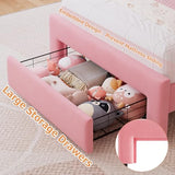 Twin Upholstered LED Bed Frame with Storage Drawer and Adjustable Chic Double Wavy Headboard, Velvet Princess Platform Bed for Kids/Girls, Solid Wood Slats Support, No Box Spring Needed, Beige