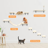 Wall-Mounted Cat Climber Set with Climbing Shelves, Perches, Bridge,Hammock,Scratching Board & Ball – 7 Pcs Wood Indoor Cat Furniture for Kittens Play (Beige)
