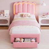Twin Upholstered LED Bed Frame with Storage Drawer and Adjustable Chic Double Wavy Headboard, Velvet Princess Platform Bed for Kids/Girls, Solid Wood Slats Support, No Box Spring Needed, Beige