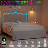 Twin Upholstered LED Bed Frame with Storage Drawer and Adjustable Chic Double Wavy Headboard, Velvet Princess Platform Bed for Kids/Girls, Solid Wood Slats Support, No Box Spring Needed, Beige