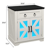 Farmhouse End Table with Charging Station, Side Table with LED Lights, White Night Stand for Living Room, Bedroom