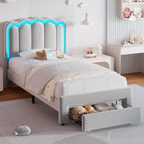 Twin Upholstered LED Bed Frame with Storage Drawer and Adjustable Chic Double Wavy Headboard, Velvet Princess Platform Bed for Kids/Girls, Solid Wood Slats Support, No Box Spring Needed, Beige