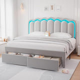 Twin Upholstered LED Bed Frame with Storage Drawer and Adjustable Chic Double Wavy Headboard, Velvet Princess Platform Bed for Kids/Girls, Solid Wood Slats Support, No Box Spring Needed, Beige