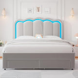 Twin Upholstered LED Bed Frame with Storage Drawer and Adjustable Chic Double Wavy Headboard, Velvet Princess Platform Bed for Kids/Girls, Solid Wood Slats Support, No Box Spring Needed, Beige
