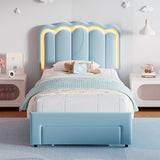 Twin Upholstered LED Bed Frame with Storage Drawer and Adjustable Chic Double Wavy Headboard, Velvet Princess Platform Bed for Kids/Girls, Solid Wood Slats Support, No Box Spring Needed, Beige