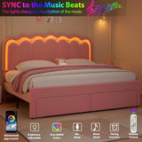 Twin Upholstered LED Bed Frame with Storage Drawer and Adjustable Chic Double Wavy Headboard, Velvet Princess Platform Bed for Kids/Girls, Solid Wood Slats Support, No Box Spring Needed, Beige