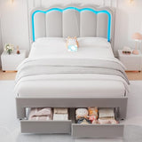 Twin Upholstered LED Bed Frame with Storage Drawer and Adjustable Chic Double Wavy Headboard, Velvet Princess Platform Bed for Kids/Girls, Solid Wood Slats Support, No Box Spring Needed, Beige
