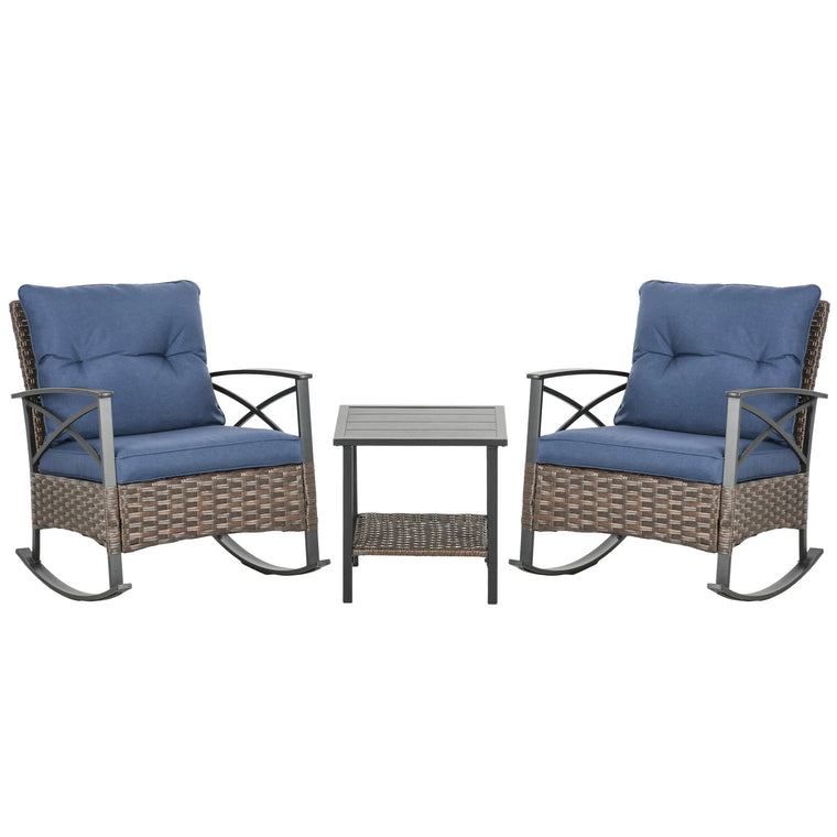 Outsunny 3pc Rocking Chair Set w/ Cushions, Wicker Bistro Set, Dark Blue
