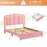 Twin Upholstered LED Bed Frame with Storage Drawer and Adjustable Chic Double Wavy Headboard, Velvet Princess Platform Bed for Kids/Girls, Solid Wood Slats Support, No Box Spring Needed, Beige