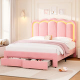 Twin Upholstered LED Bed Frame with Storage Drawer and Adjustable Chic Double Wavy Headboard, Velvet Princess Platform Bed for Kids/Girls, Solid Wood Slats Support, No Box Spring Needed, Beige
