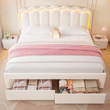 Twin Upholstered LED Bed Frame with Storage Drawer and Adjustable Chic Double Wavy Headboard, Velvet Princess Platform Bed for Kids/Girls, Solid Wood Slats Support, No Box Spring Needed, Beige