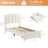 Twin Upholstered LED Bed Frame with Storage Drawer and Adjustable Chic Double Wavy Headboard, Velvet Princess Platform Bed for Kids/Girls, Solid Wood Slats Support, No Box Spring Needed, Beige