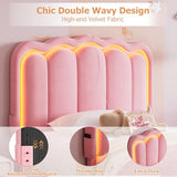 Twin Upholstered LED Bed Frame with Storage Drawer and Adjustable Chic Double Wavy Headboard, Velvet Princess Platform Bed for Kids/Girls, Solid Wood Slats Support, No Box Spring Needed, Beige